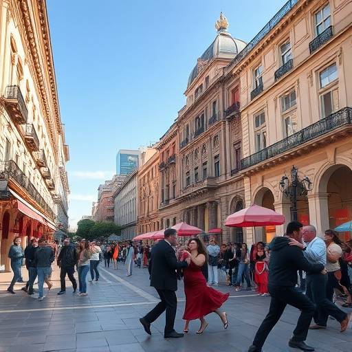 Calles de Buenos Aires con arquitectura europea y un tango bailado apasionadamente en una plaza.