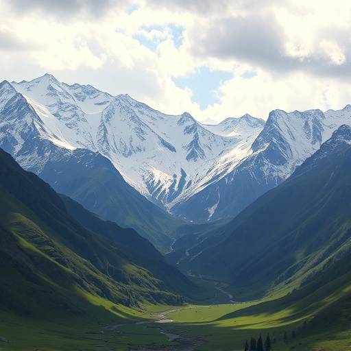 Impresionante vista de la Cordillera de los Andes con cumbres nevadas y un valle verde debajo.