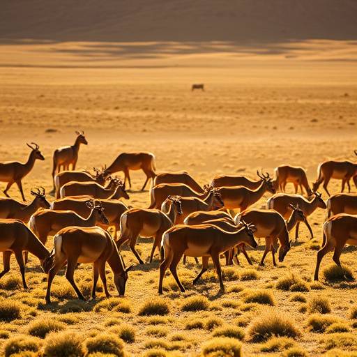Manada de guanacos pastando en una estepa patag&oacute;nica dorada por el sol