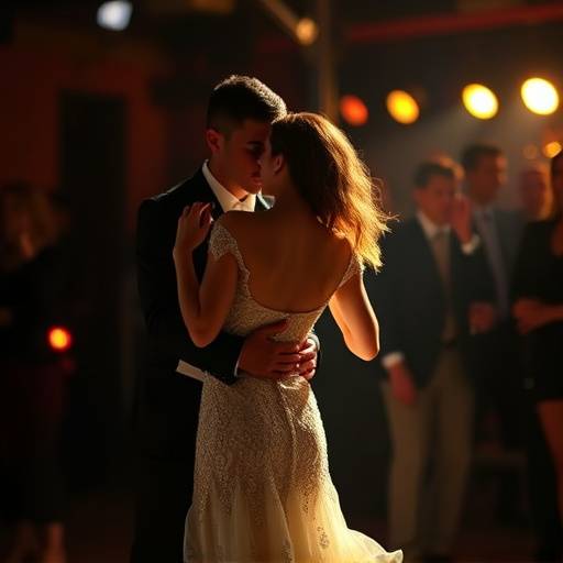 Pareja bailando tango apasionadamente en un escenario con luces tenues.