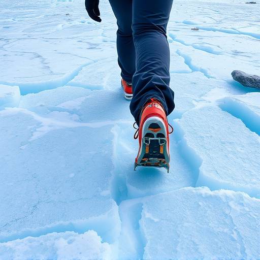 Persona con crampones caminando sobre la superficie azul y agrietada del Glaciar Perito Moreno