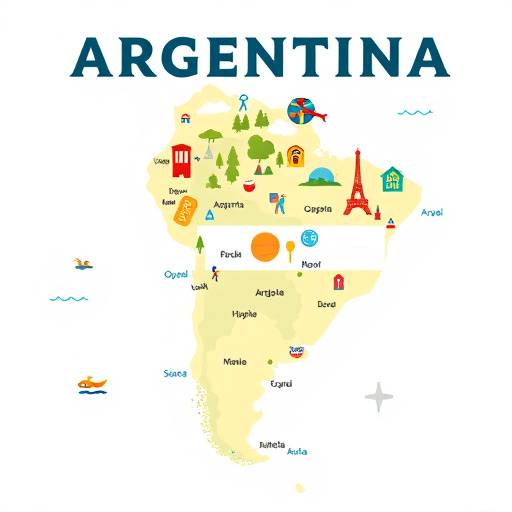 Un mapa estilizado de Argentina con iconos de puntos tur&iacute;sticos resaltados.