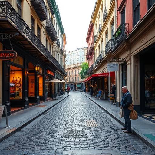 Una calle adoquinada de San Telmo, Buenos Aires, con anticuarios y farolas.
