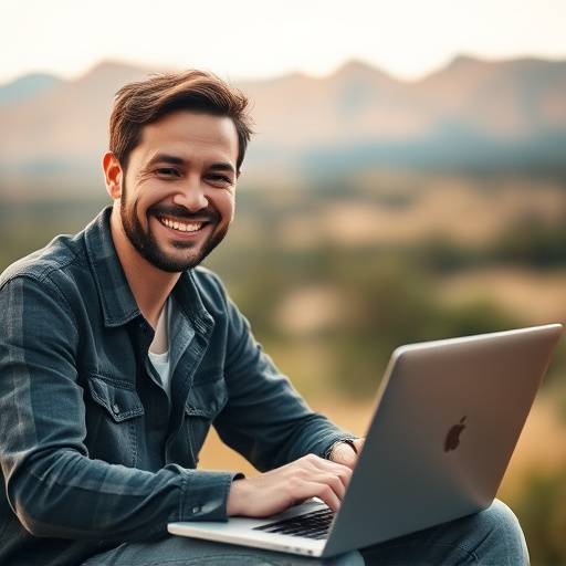 Una persona sonriendo mientras usa un port&aacute;til, con un fondo difuminado de paisajes argentinos.